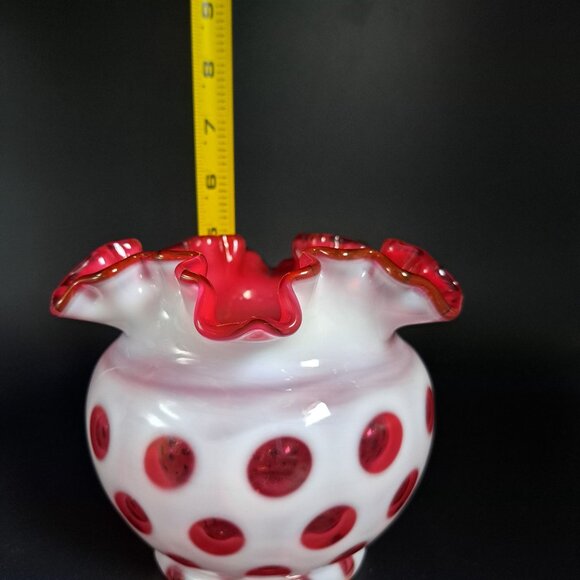 Fenton Coin Dot Cranberry Ruffled Glass Vase Vintage - Picture 9 of 10